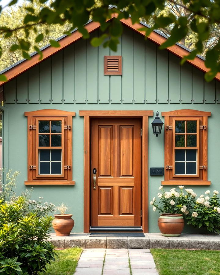 Timeless Sage Green Cottage with Wooden Accents - 25 Sage Green House With Brown Trim Ideas