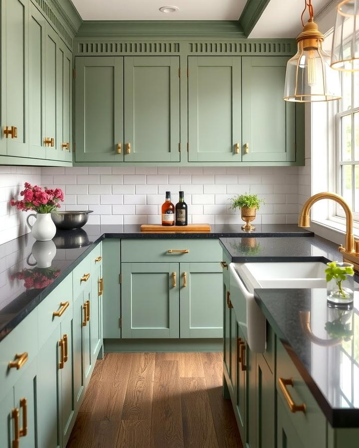 Timeless Traditional - 30 Green Kitchen Cabinets With Black Countertops