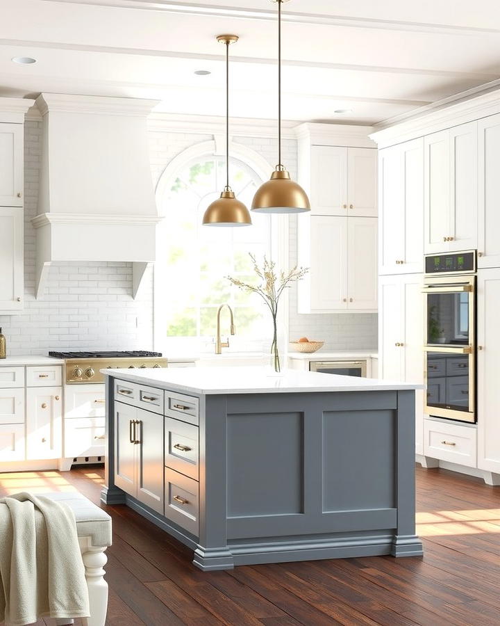 Timeless White Cabinets with a Subtle Grey Island - 25 White Kitchen Cabinets With Grey Island Ideas