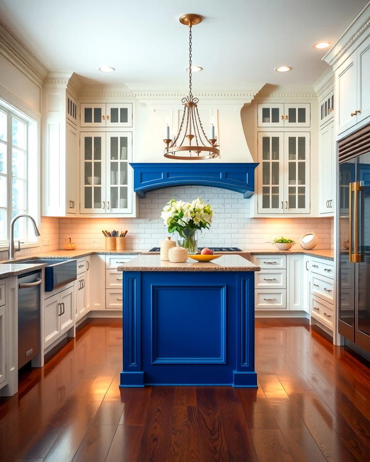 Traditional White Cabinets with a Royal Blue Island - 25 White Kitchen Cabinets With Blue Island