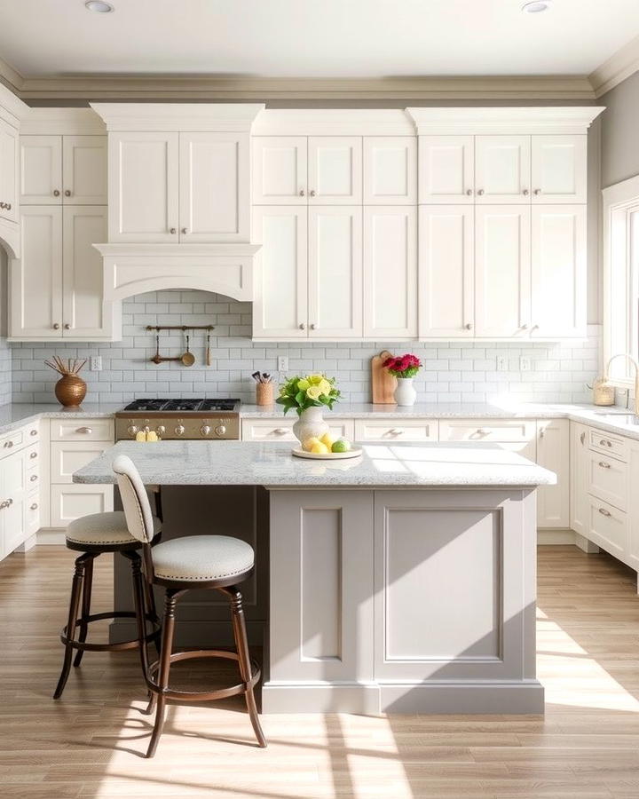 Transitional Style with White Cabinets and a Two Tone Grey Island - 25 White Kitchen Cabinets With Grey Island Ideas