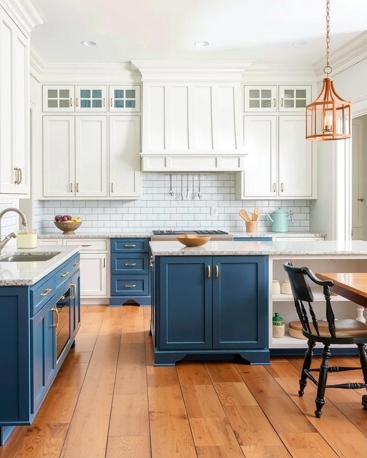 Transitional Style with White Raised Panel Cabinets and Blue Island - 25 White Kitchen Cabinets With Blue Island