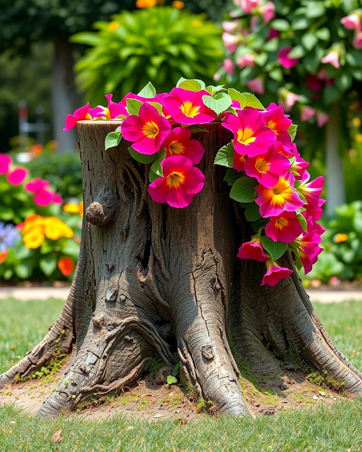 Tree Stump with Cascading Flowers - 25 Tree Stump Fairy Garden Ideas