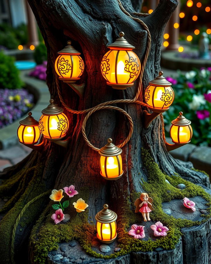 Tree Stump with Fairy Lanterns - 25 Tree Stump Fairy Garden Ideas