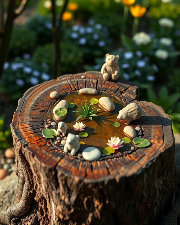 Tree Stump with Miniature Pond - 25 Tree Stump Fairy Garden Ideas