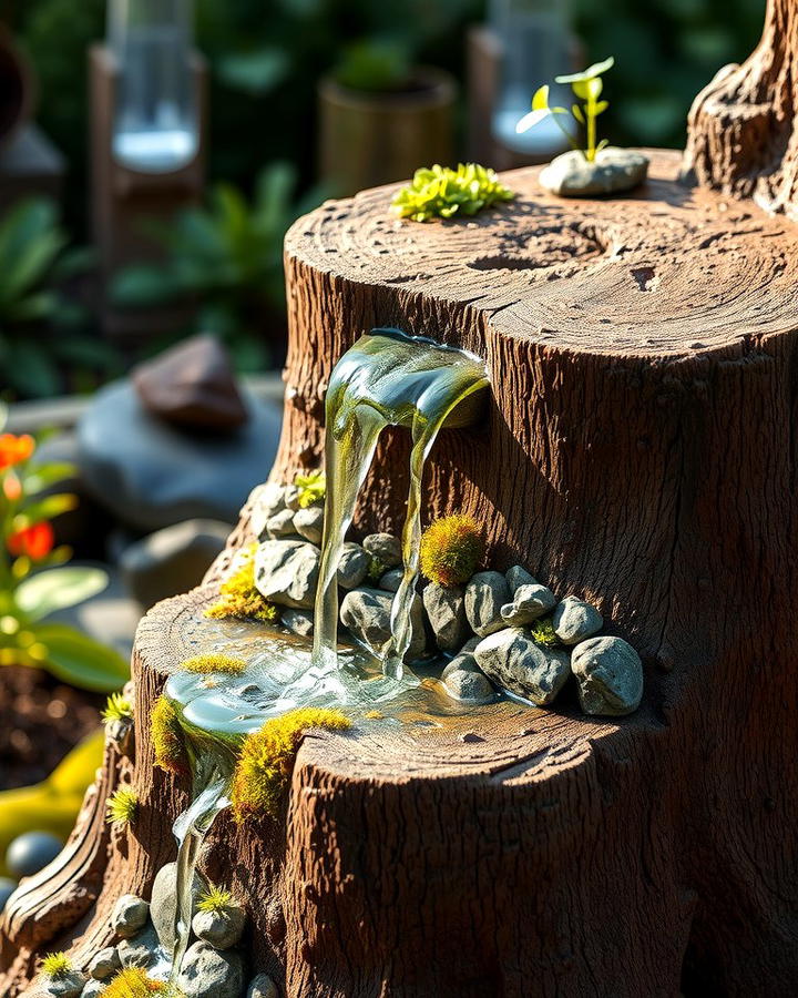 Tree Stump with Natural Waterfall - 25 Tree Stump Fairy Garden Ideas