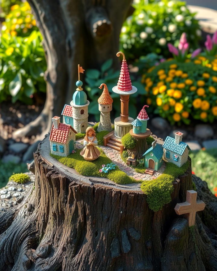 Tree Stump with Tiny Fairy Village - 25 Tree Stump Fairy Garden Ideas