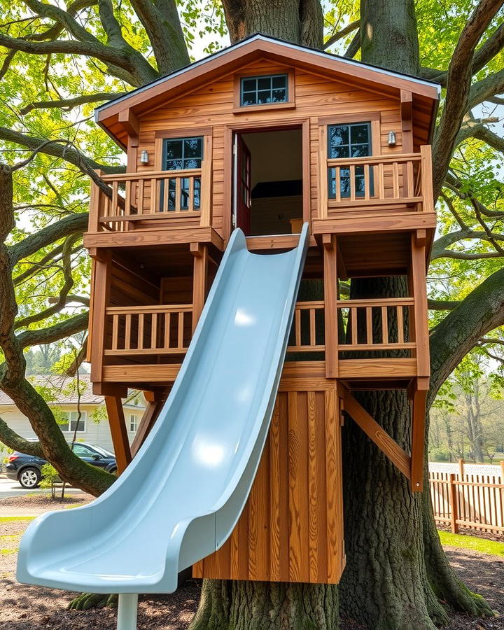 Treehouse with Built In Slide - 25 Tree House Ideas