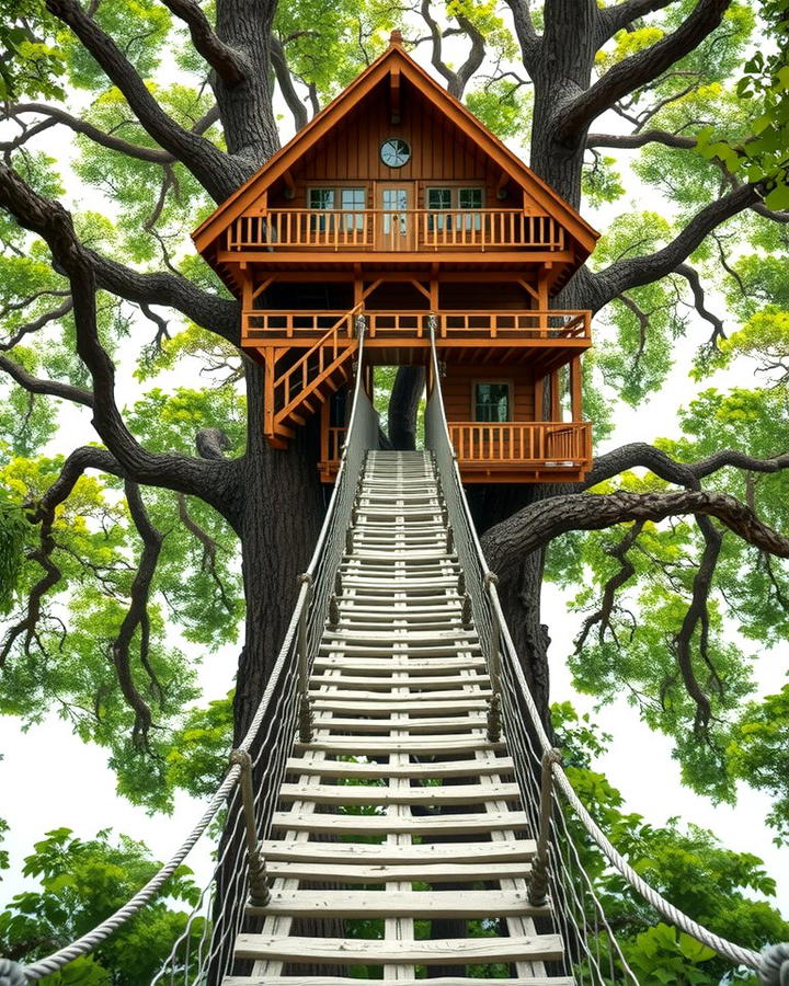 Treehouse with Swinging Bridge - 25 Tree House Ideas