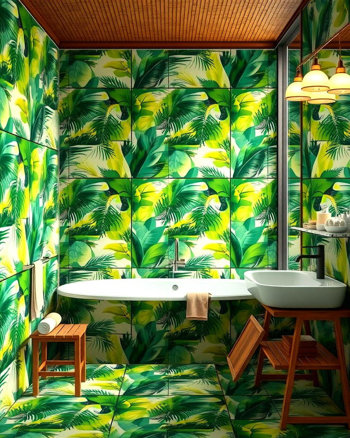 Tropical Leaf Tile Patterns - 30 Green Bathroom Tile Ideas