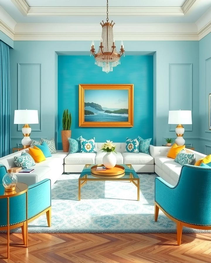 Turquoise and Metallic Accents - 25 Turquoise Living Room Ideas