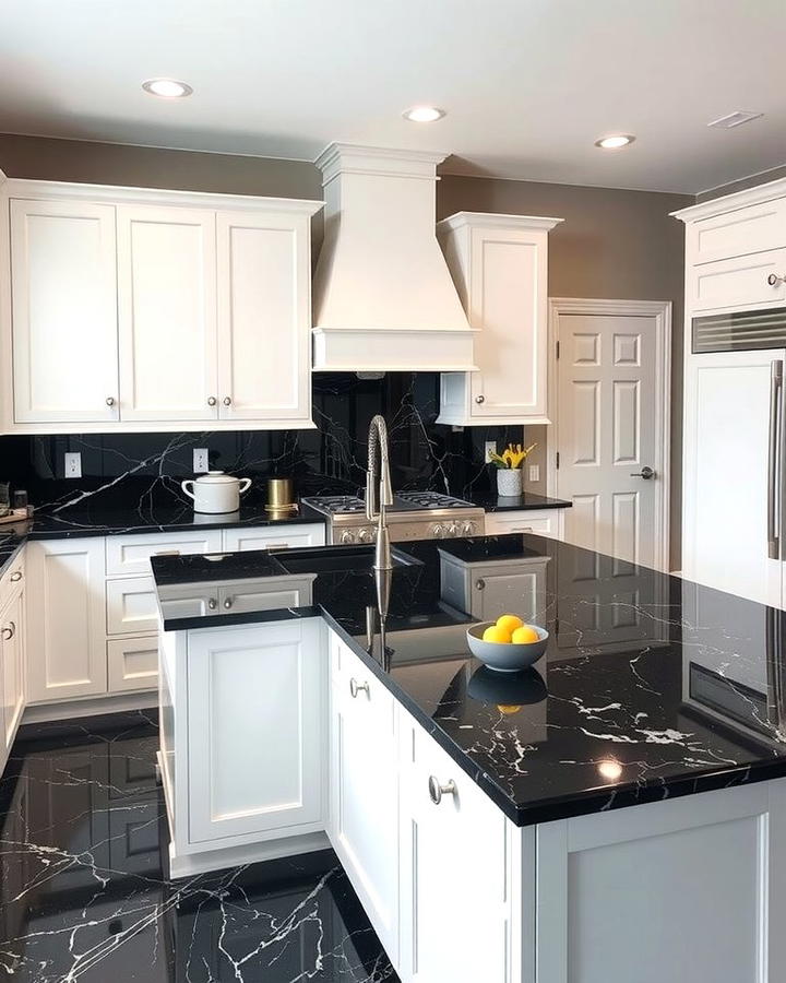 Two Tone Harmony with Bold Countertops - 25 White Kitchen Cabinets With Grey Island Ideas