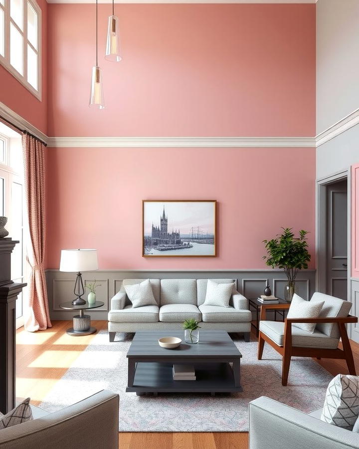 Two Tone Walls with Pink and Grey - 25 Pink and Grey Living Room Ideas