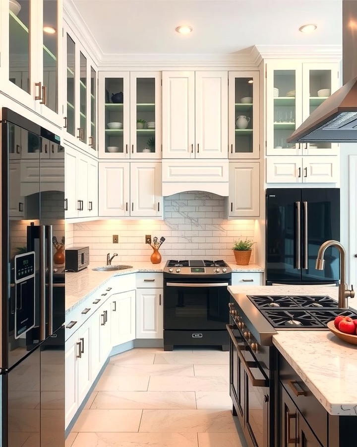 Two Toned Cabinets for Depth - 30 White Kitchen with Black Appliances Ideas