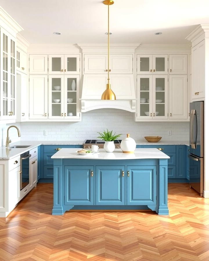 Two Toned Harmony with White Upper Cabinets and Blue Base Island - 25 White Kitchen Cabinets With Blue Island