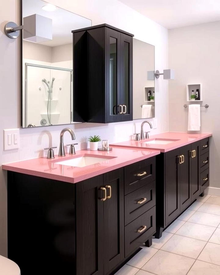 Use Black Vanity with Pink Countertop - 25 Pink and Black Bathroom Ideas