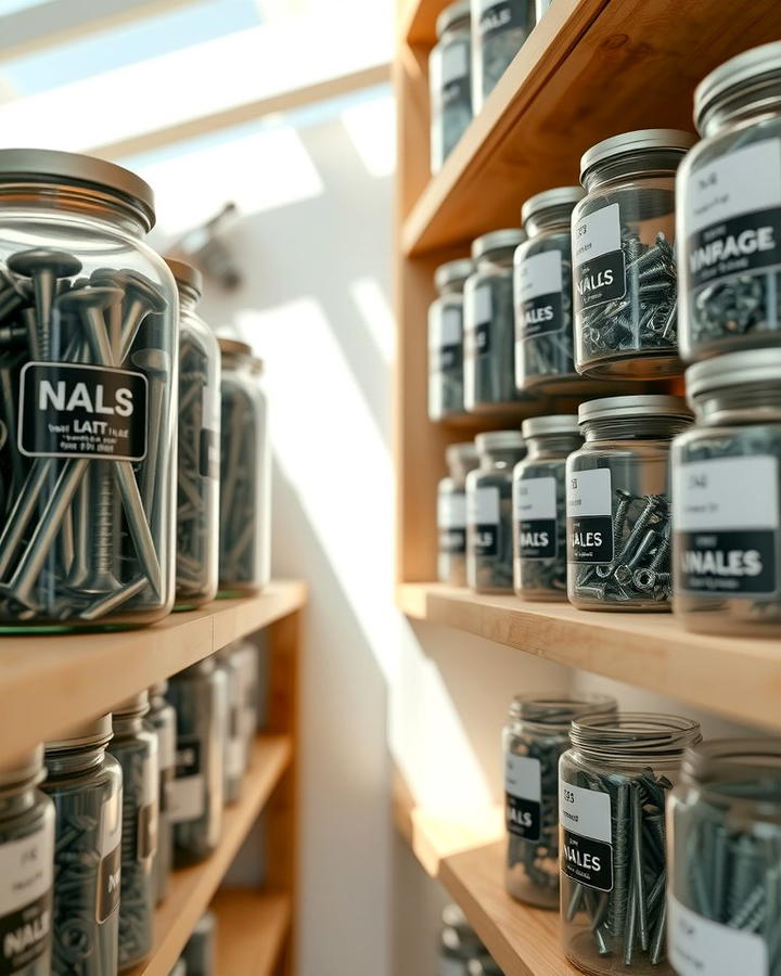 Use Clear Jars for Small Hardware - 25 Shed Organization Ideas