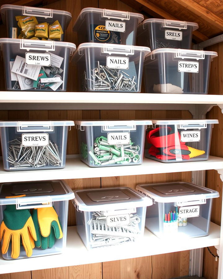 Use Clear Storage Bins with Labels - 25 Shed Organization Ideas