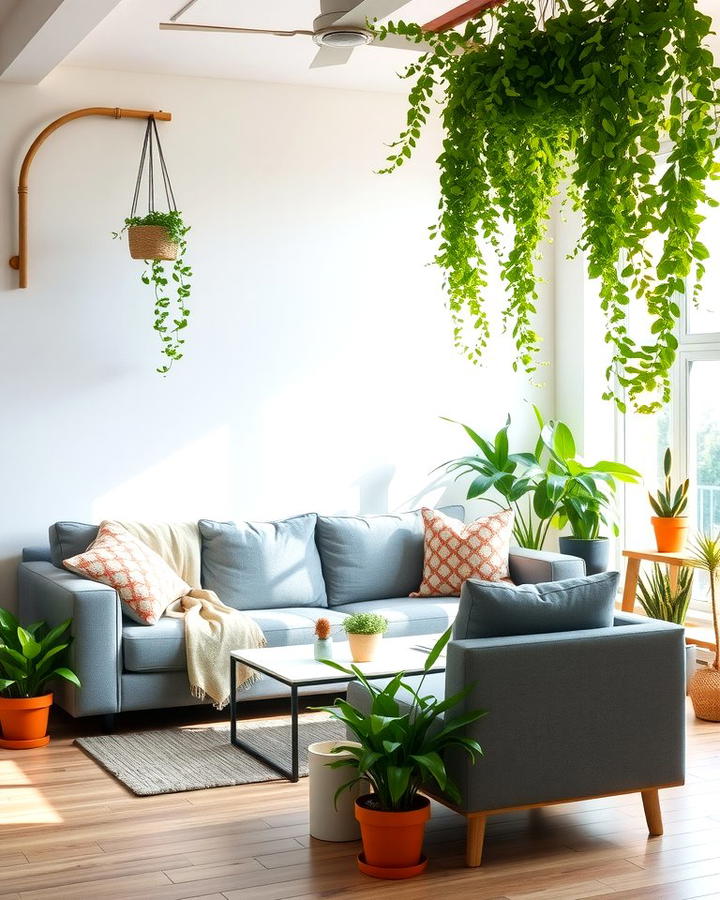 Use Greenery for Freshness - 30 Grey Couch Living Room Ideas