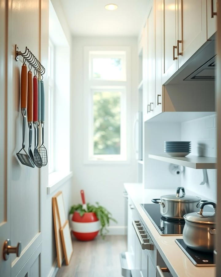 Use Hooks to Hang Utensils and Pots - 25 Small Galley Kitchen Ideas on a Budget