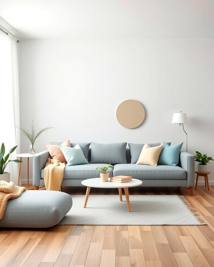 Use Pastel Accents for a Soft Look - 30 Grey Couch Living Room Ideas