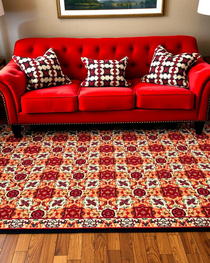 Use Patterned Rugs - 25 Red Couch Living Room Ideas