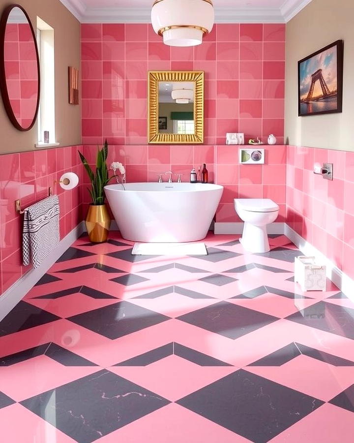 Use Pink and Black Geometric Floor Tiles - 25 Pink and Black Bathroom Ideas