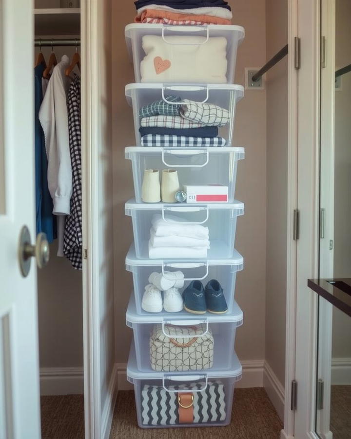 Use Transparent Storage Bins for Visibility - 25 Small Dressing Room Ideas