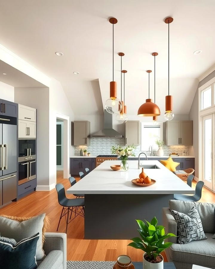 Using Pendant Lights Over the Island - 25 Open Kitchen Living Room Ideas