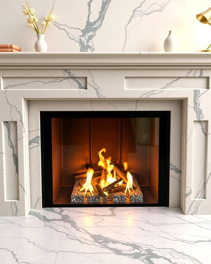 Veined Quartz for a Marble Like Appeal - 25 Quartz Fireplace Surround Ideas