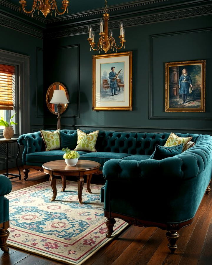 Velvet Sofas in Dark Green - 25 Victorian Dark Green Living Room Ideas