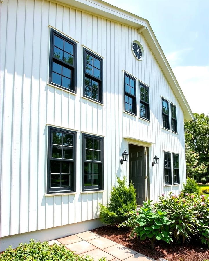 Vertical Board and Batten Siding with Black Windows - 25 White Farmhouse With Black Windows Ideas