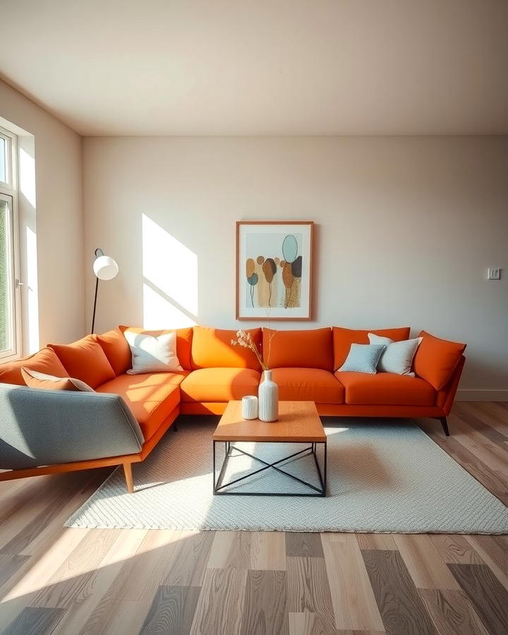 Vibrant Contrast with Neutral Walls - 25 Orange Couch Living Room Ideas