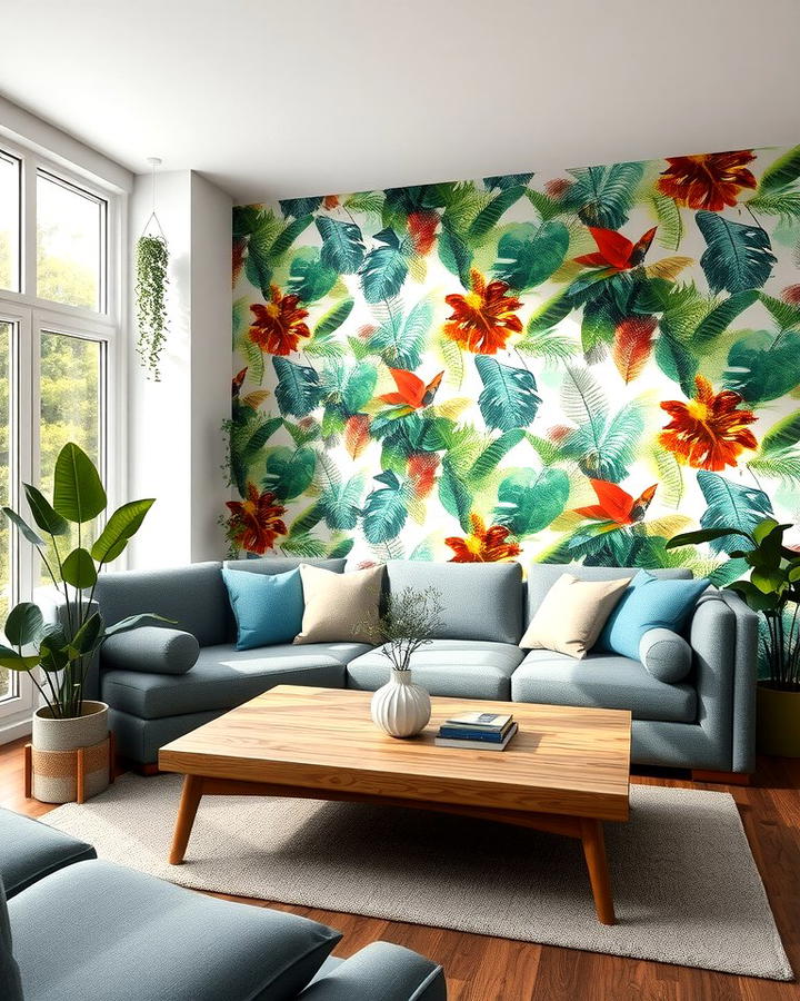 Vibrant Tropical Leaf Wallpaper - 25 Tropical Living Room Ideas