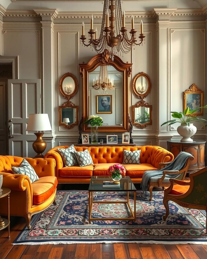 Vintage Allure with Velvet Upholstery - 25 Orange Couch Living Room Ideas