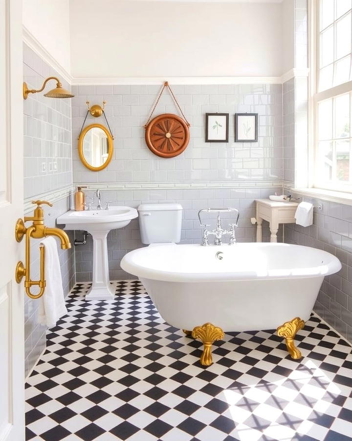 Vintage Charm with Gray Checkerboard Floors - 30 Gray Floor Bathroom Ideas