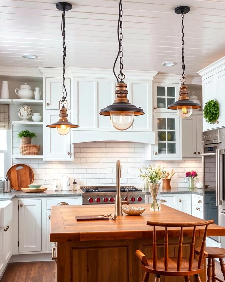 Vintage Pendant Lighting - 30 White Farmhouse Kitchen Ideas