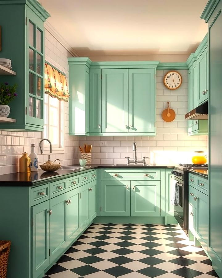 Vintage Retro Revival - 30 Green Kitchen Cabinets With Black Countertops