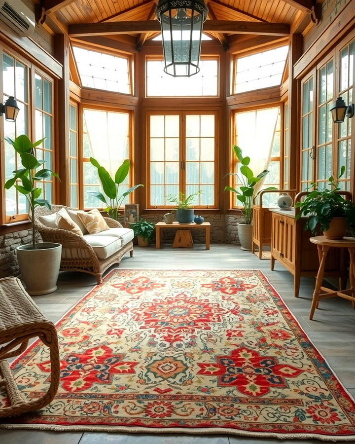 Vintage Rugs for Added Warmth - 25 Rustic Sunroom Ideas