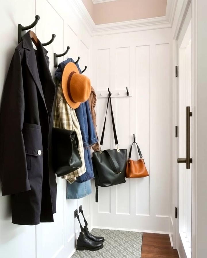 Wall Mounted Hooks for Space Saving Organization - 25 Small Mudroom Ideas