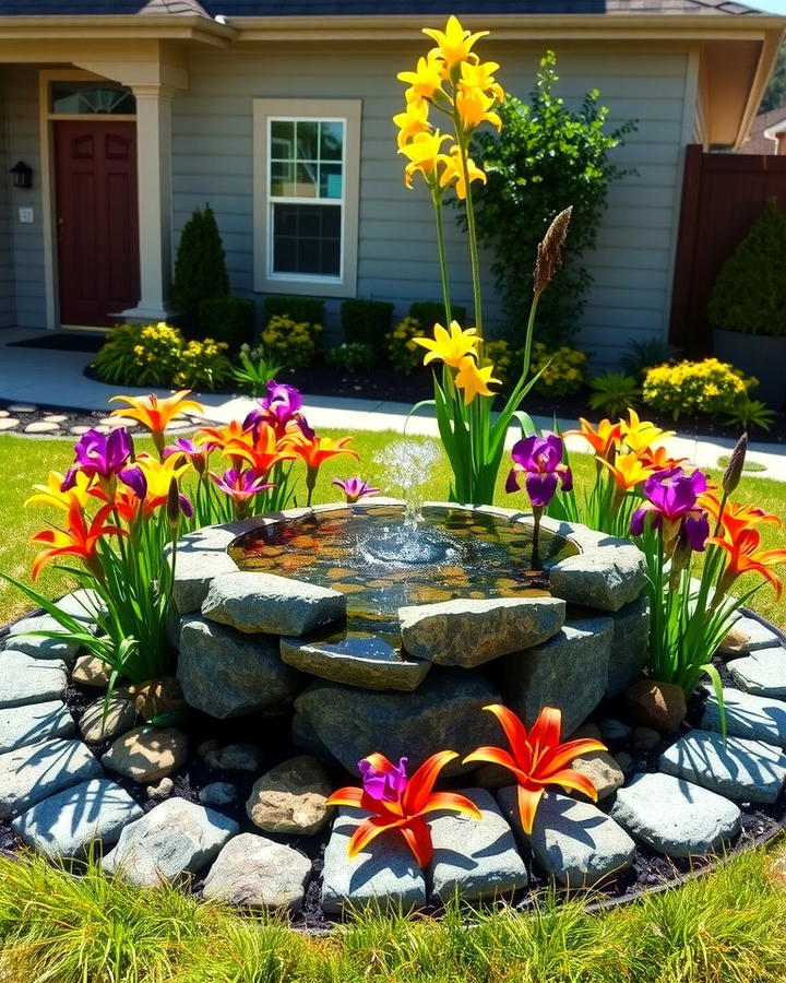 Water Feature Integrated Flower Bed - 30 Front Yard Flower Bed Ideas