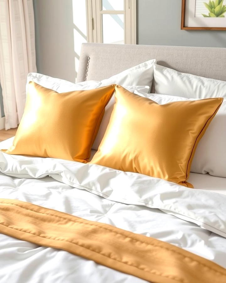 White Bedding with Gold Throw Pillows - 25 White and Gold Bedroom Ideas