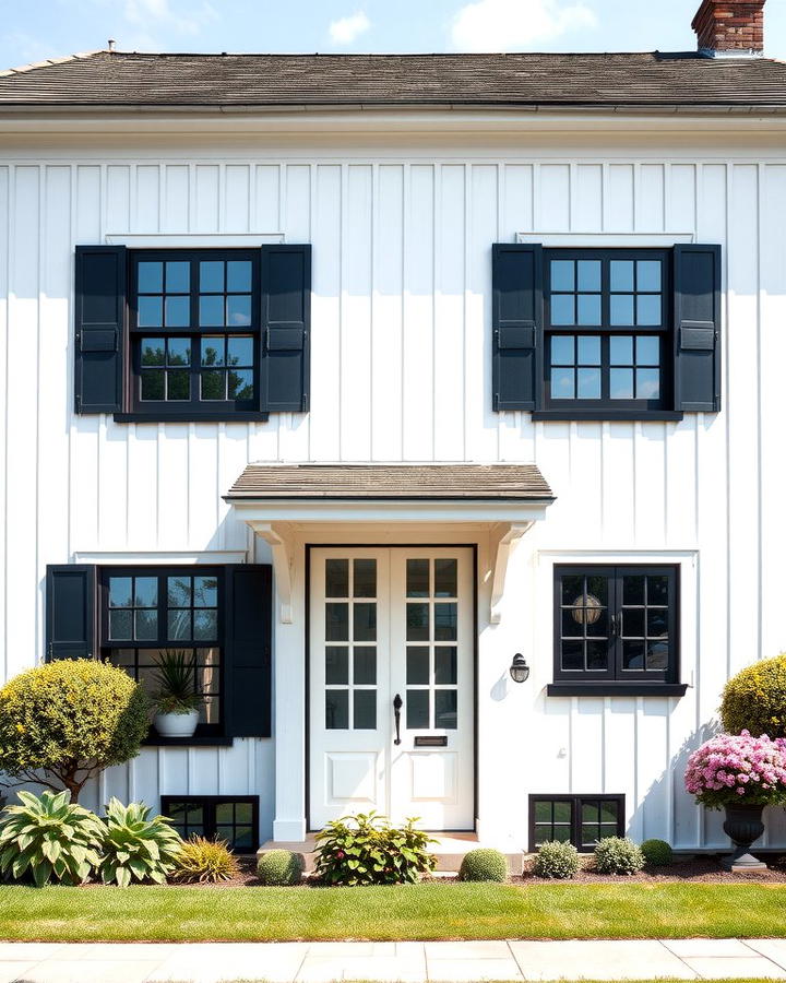 White Board and Batten Siding with Black Windows - 25 White Farmhouse With Black Windows Ideas