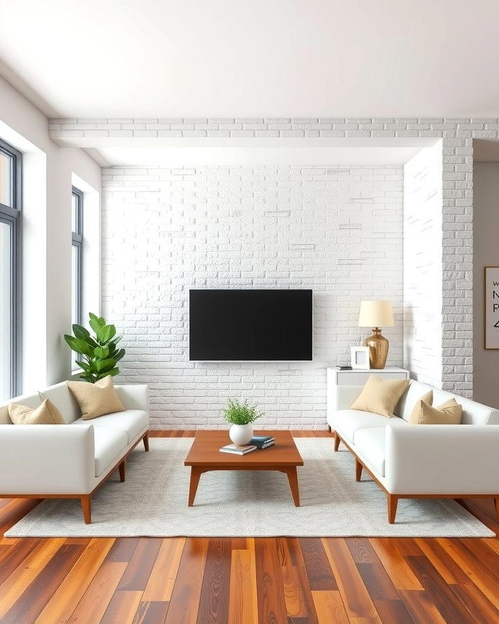 White Brick Accent Wall - 25 White Living Room Ideas