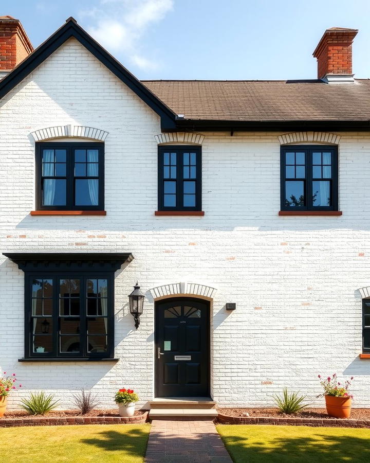 White Brick Farmhouse with Black Windows 2 - 25 White Farmhouse With Black Windows Ideas