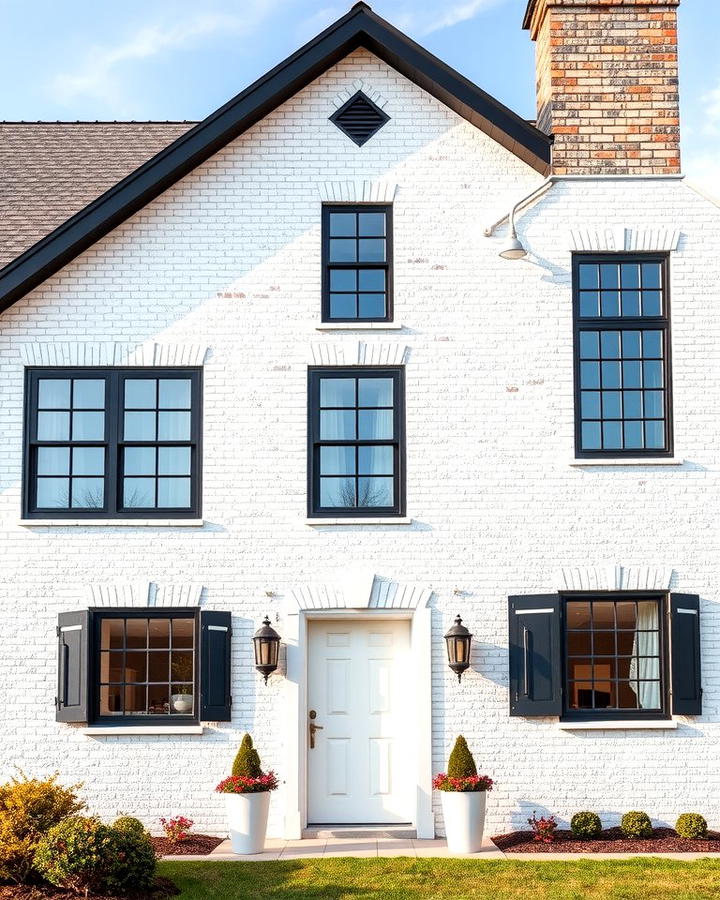 White Brick Farmhouse with Black Windows - 25 White Farmhouse With Black Windows Ideas