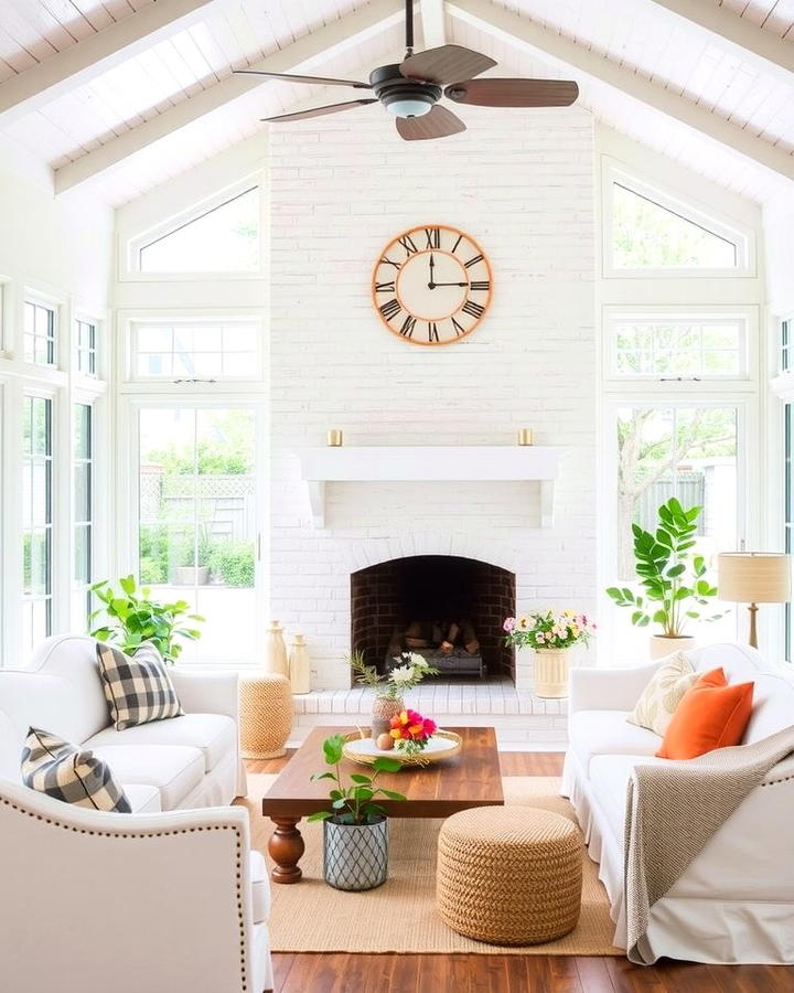 White Brick Fireplace - 25 Sunroom With Fireplace Ideas