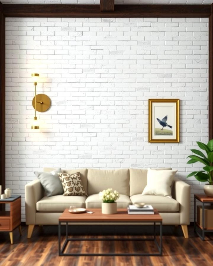 White Brick Walls with Gold Accents - 25 White and Gold Living Room Ideas