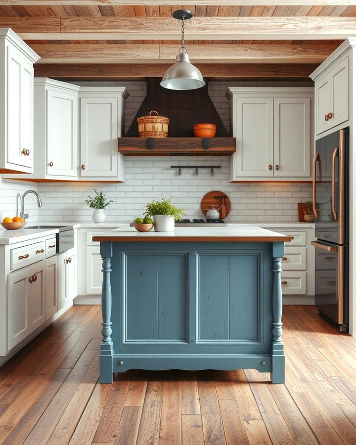 White Cabinets with a Distressed Blue Island - 25 White Kitchen Cabinets With Blue Island