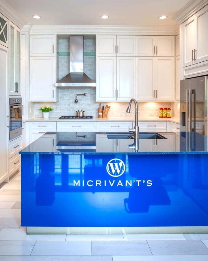 White Cabinets with a Glossy Sapphire Blue Island - 25 White Kitchen Cabinets With Blue Island